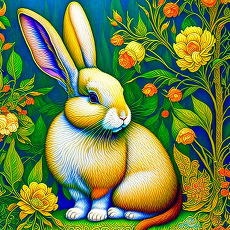 Colorful Yellow Rabbit Illustration Surrounded by Flowers