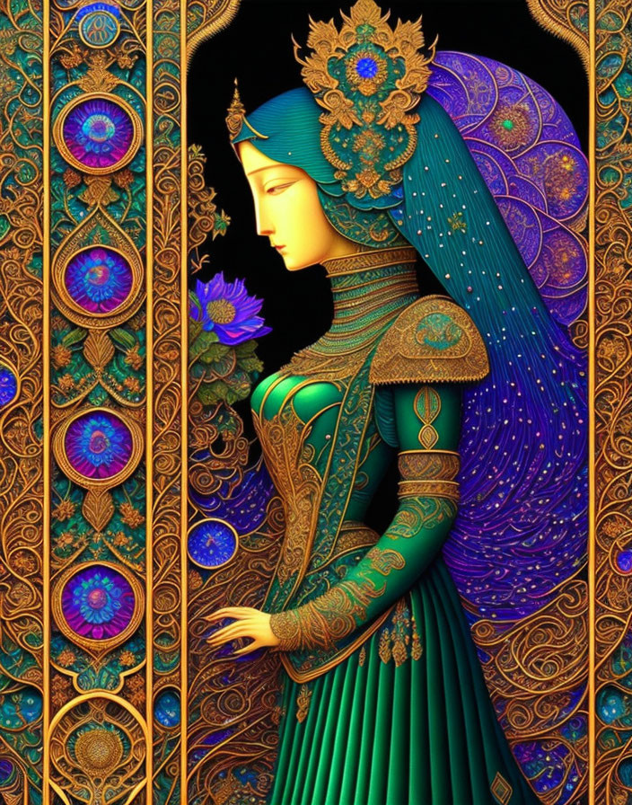 Detailed illustration of woman in teal and gold traditional attire with ornate headdress against floral background