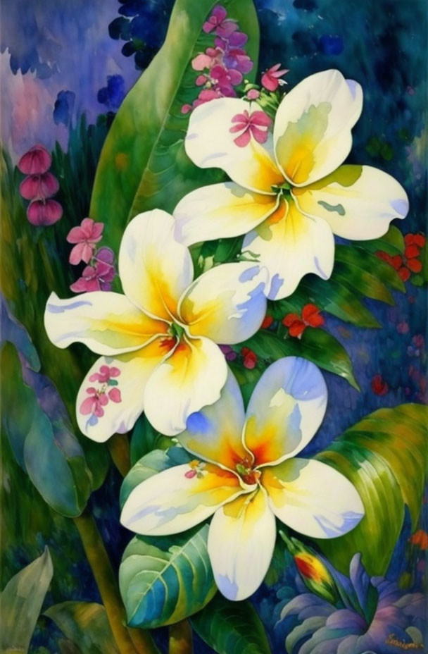 Colorful Watercolor Painting of Plumeria Flowers and Foliage