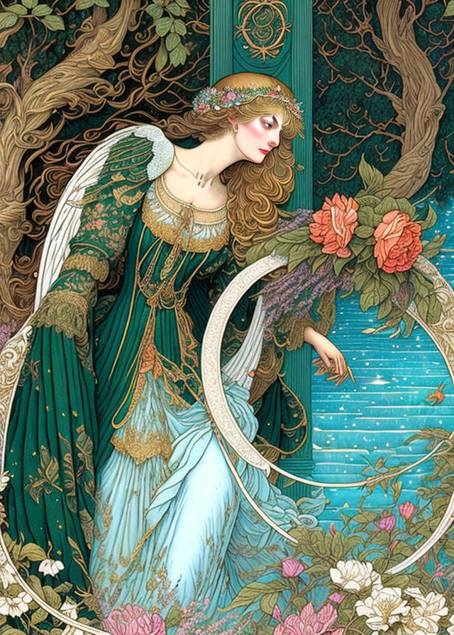 Art Nouveau style woman in intricate green and blue attire, surrounded by detailed flora and celestial motifs.