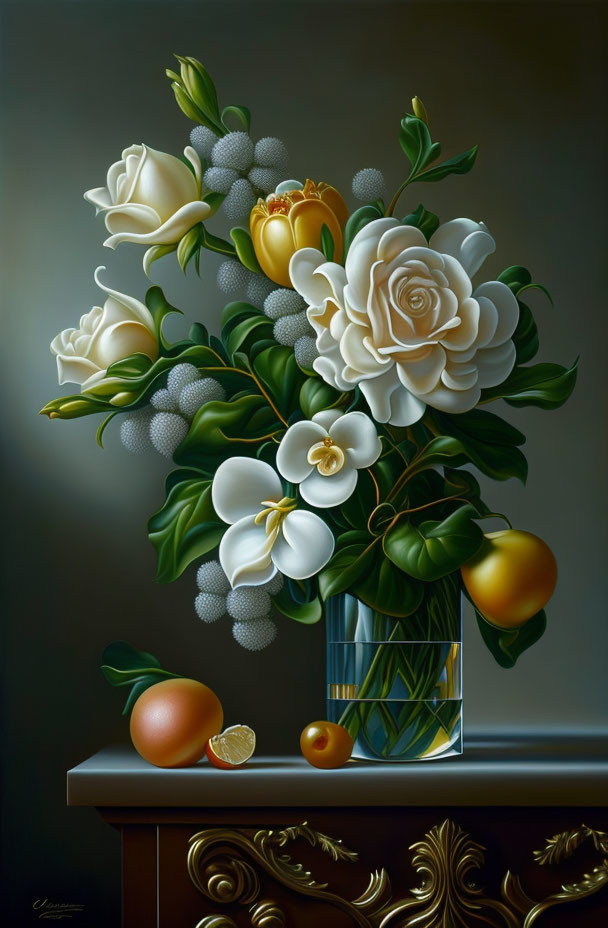 White Flower Bouquet Still Life Painting with Glass Vase and Fruit