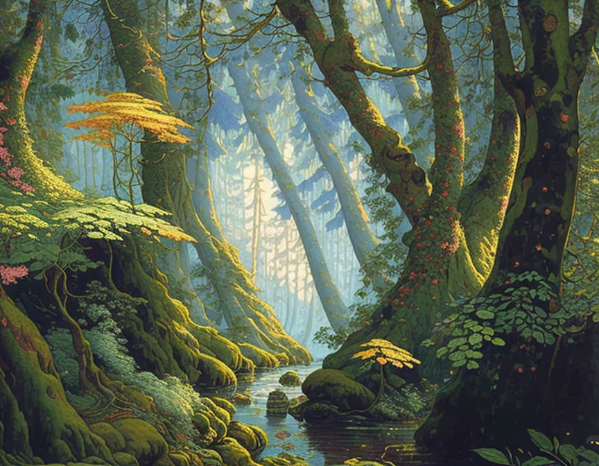 Sunlit enchanted forest with serene stream and vibrant flora