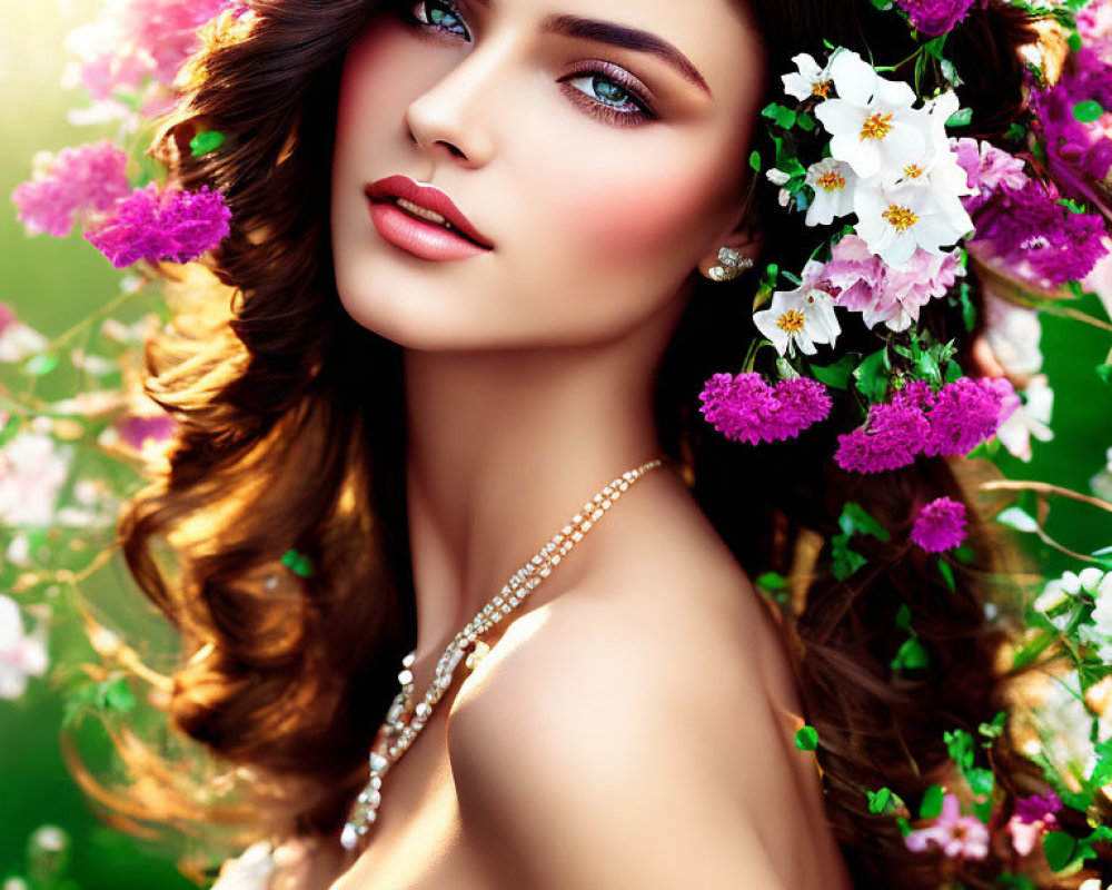 Woman with Floral Headdress Surrounded by Vibrant Flowers and Pearl Necklace