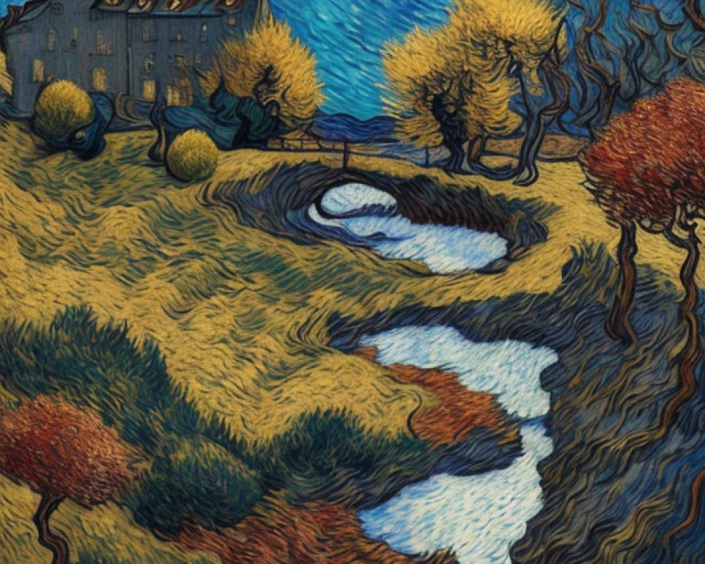 Stylized nighttime painting with stream, boat, figures, moons, and autumn trees.