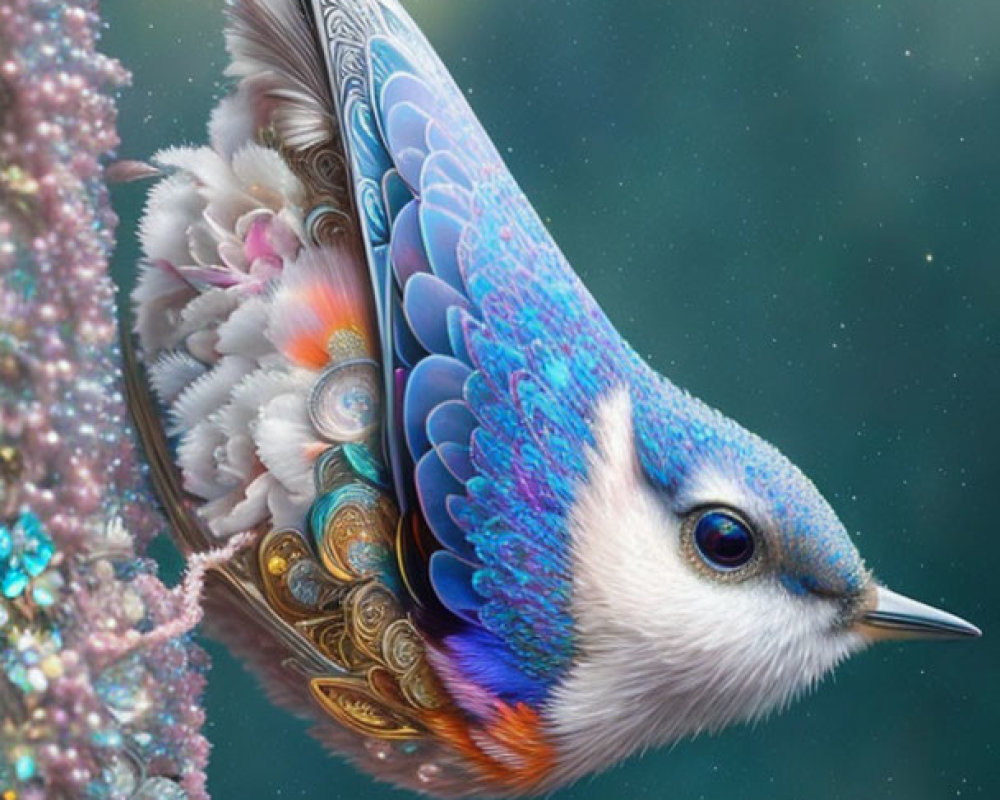 Colorful digital artwork: Ornate bird with intricate feathers on branch