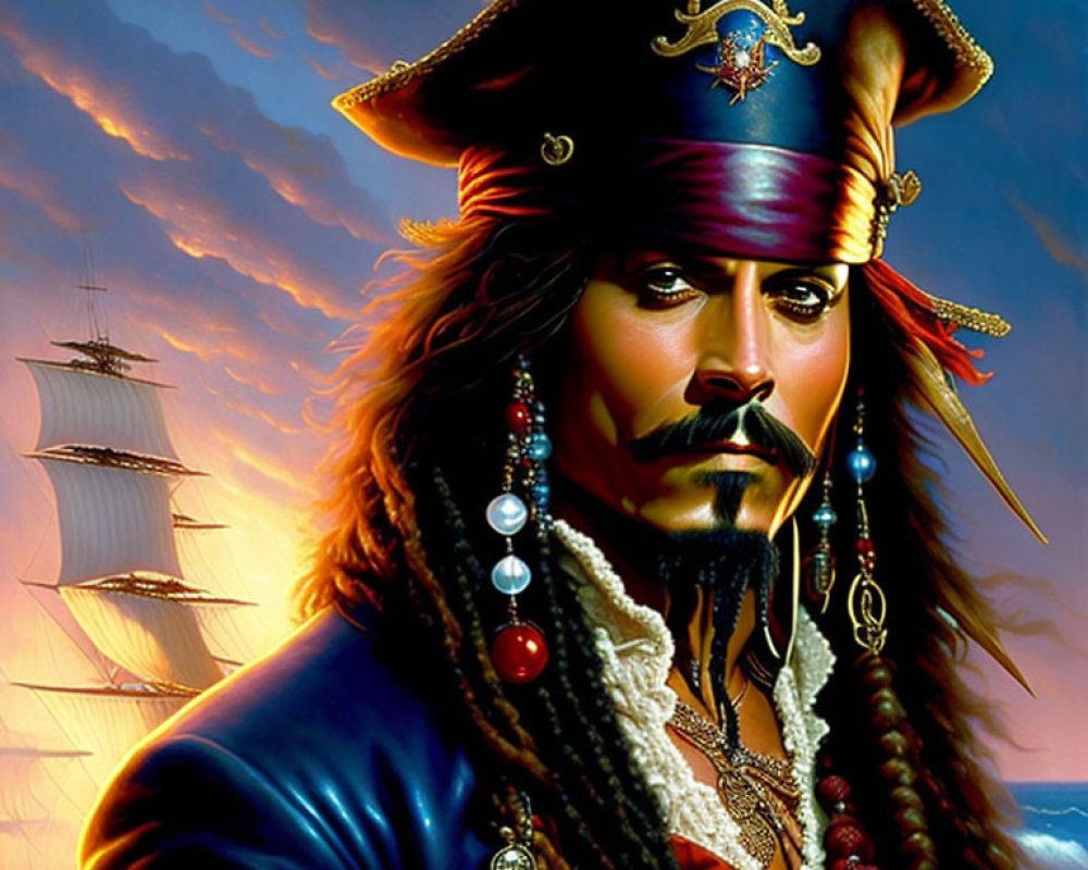 Pirate with Ornate Hat and Intense Gaze Stands by Sunset Sea