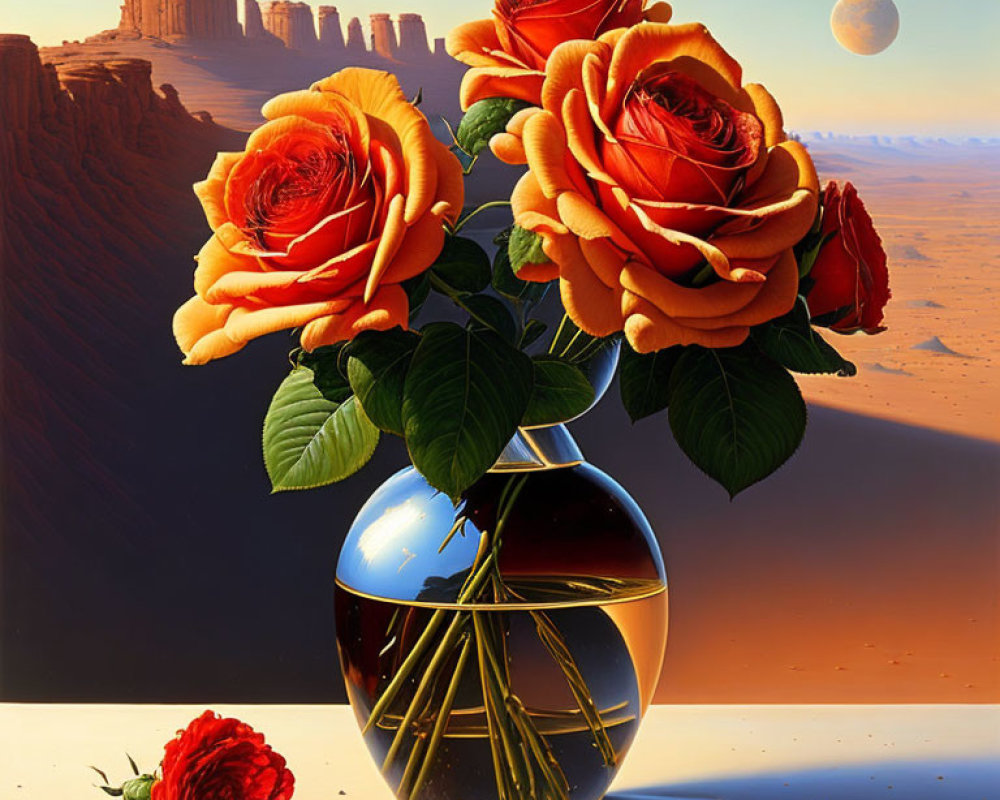 Surreal image of vibrant roses, desert, and distant planet