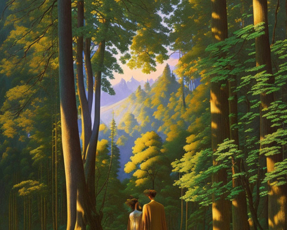 Robed Figures in Sunlit Forest Clearing with Mountain View