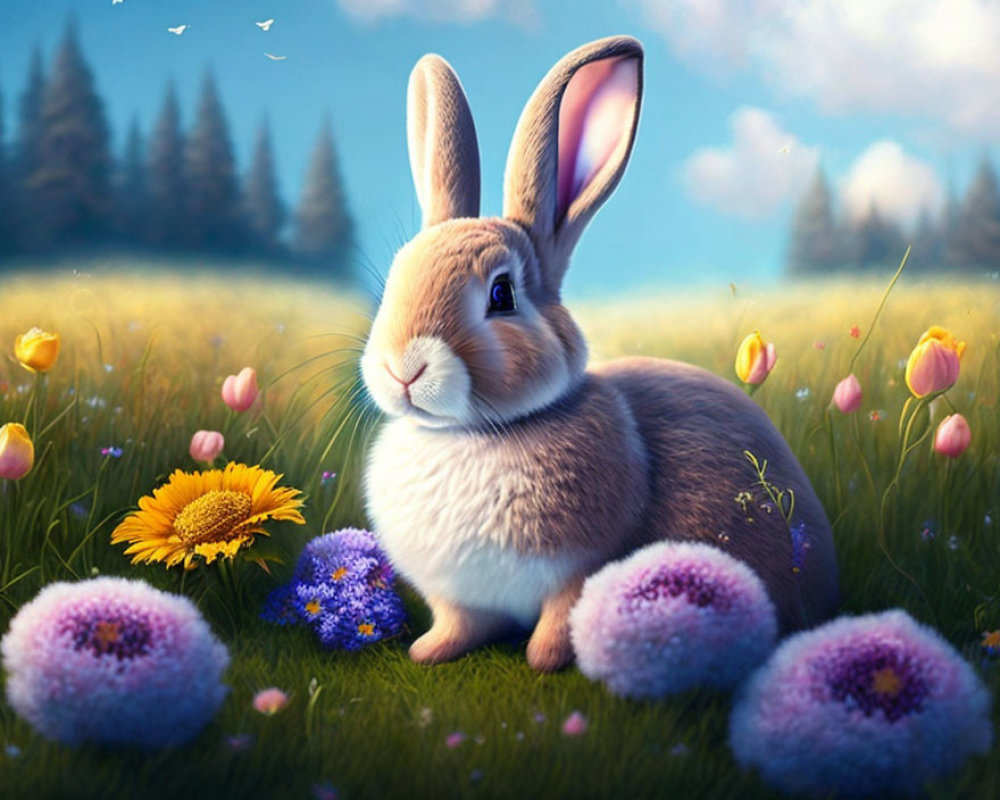 Colorful illustration: Fluffy bunny in vibrant meadow