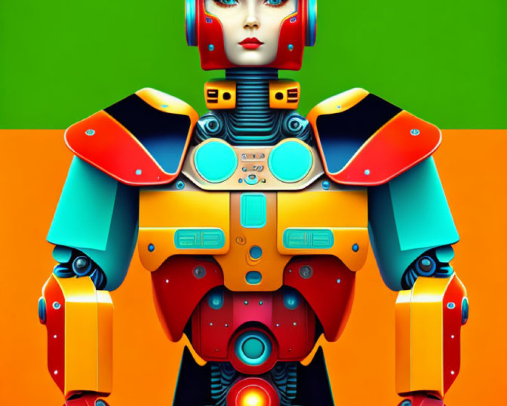 Colorful humanoid robot with red helmet and blue eyes on orange and yellow body, set against green and