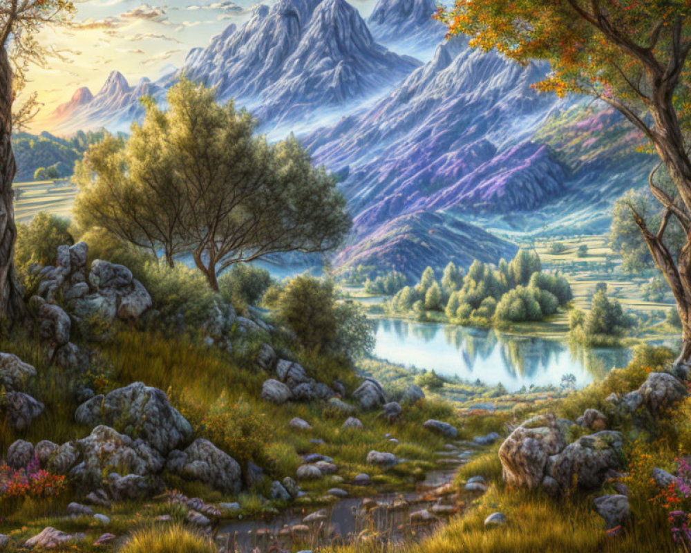 Tranquil landscape with trees, lake, mountains, and rocks under warm sky