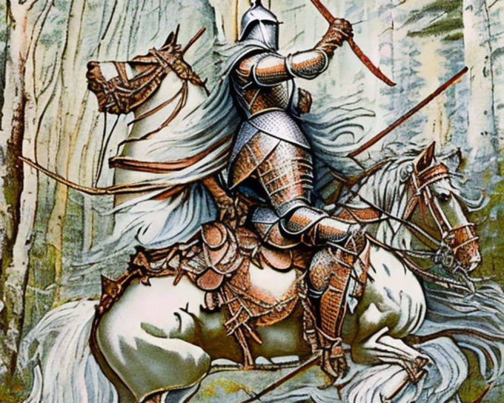 Armored knight on white horse brandishing sword in forest