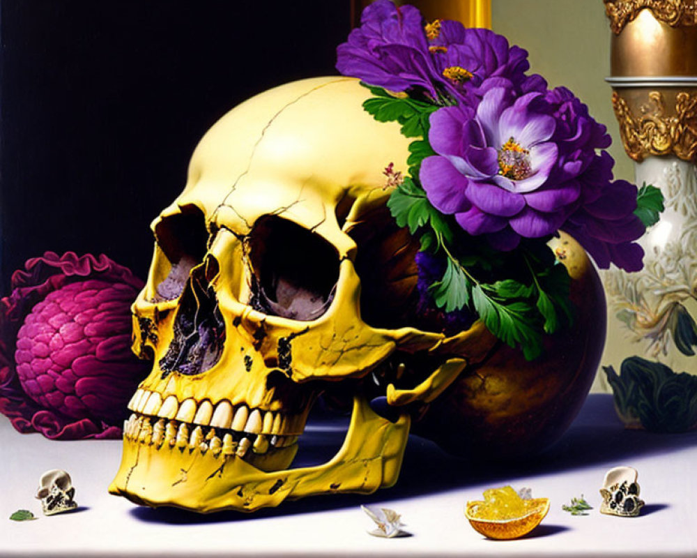 Golden skull with purple flowers, fruit, skull ring, and vase in Baroque setting