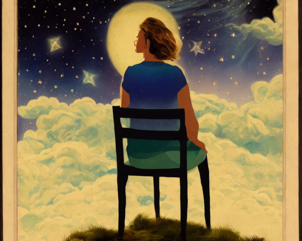 Person sitting on chair under full moon and starry night sky landscape.