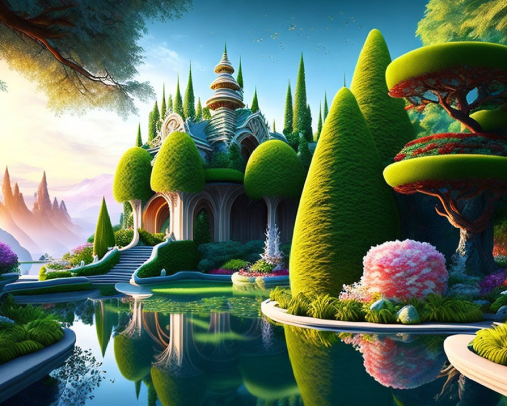 Fantasy landscape with vibrant topiary, whimsical castle, and colorful flora