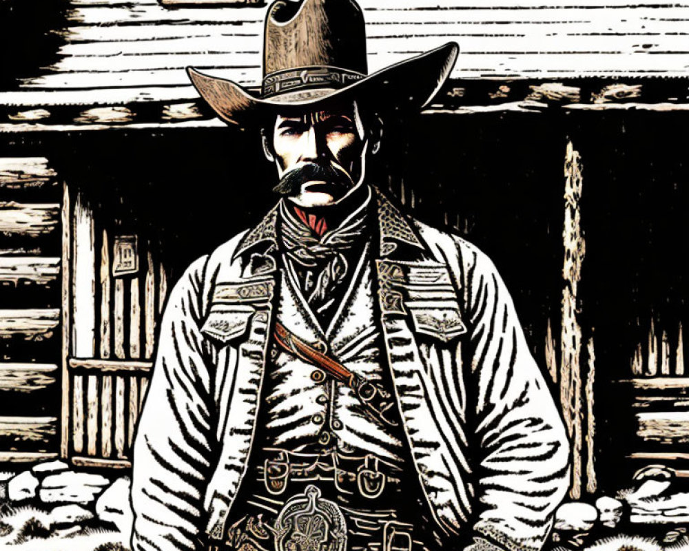 Monochrome illustration of stern cowboy with wide-brimmed hat and cabin