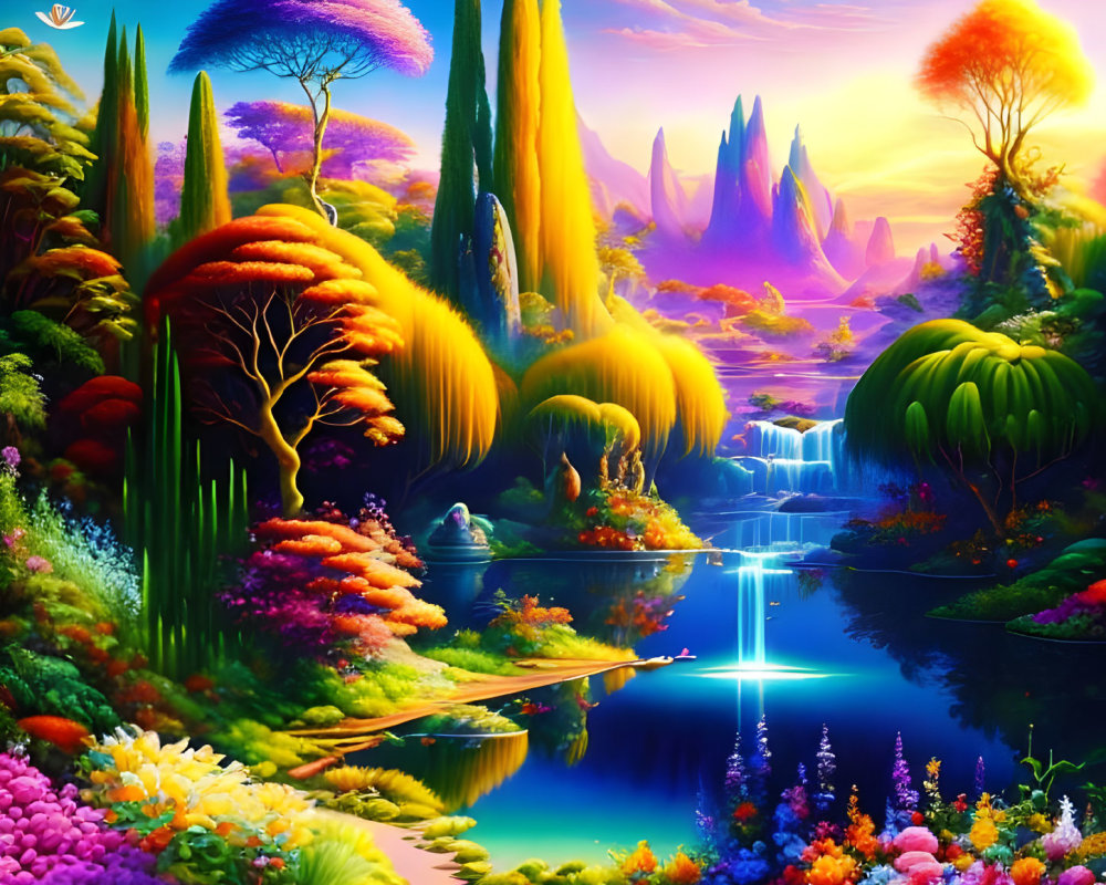 Colorful landscape with river, waterfalls, and whimsical trees at sunset