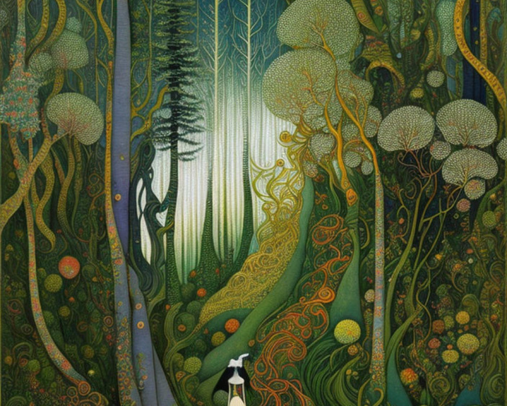 Intricate forest scene with swirling patterns and lone figure