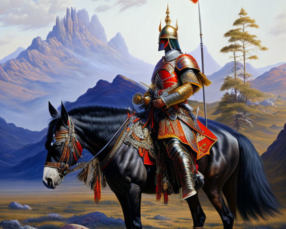 Medieval knight in full armor on decorated horse in mountainous landscape