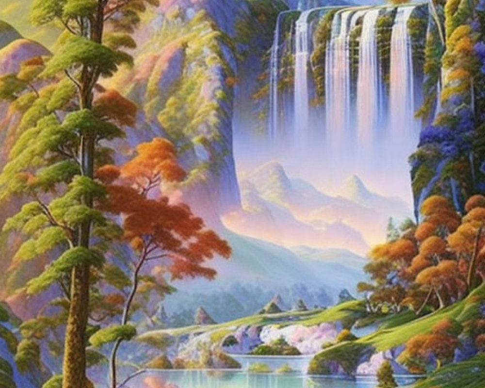 Tranquil landscape painting of serene waterfall and lush nature