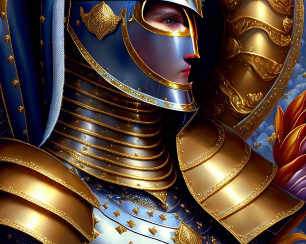 Intricate blue and gold armor with lifted visor illustration