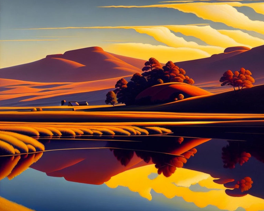 Serene landscape painting with rolling hills, river, and sunset