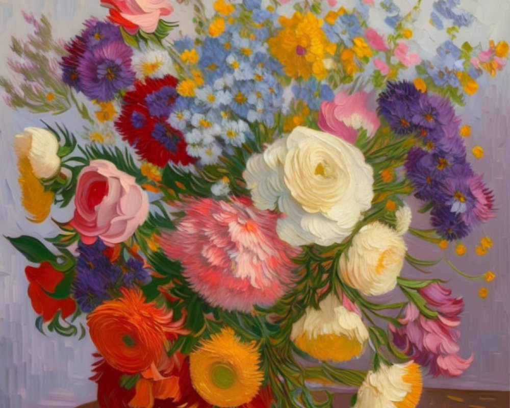 Colorful bouquet painting with roses, daisies, and wildflowers in glass vase