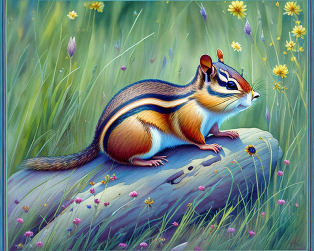 Colorful Chipmunk Illustration Among Greenery and Flowers