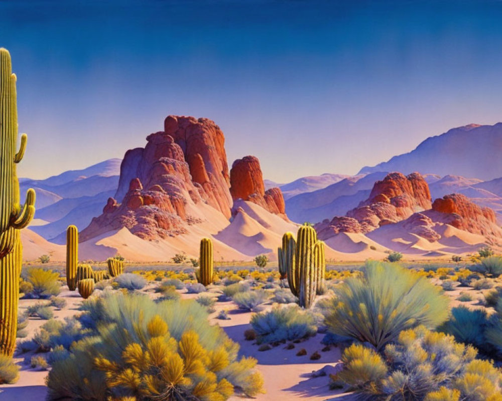 Desert landscape with tall cacti and red rock formations