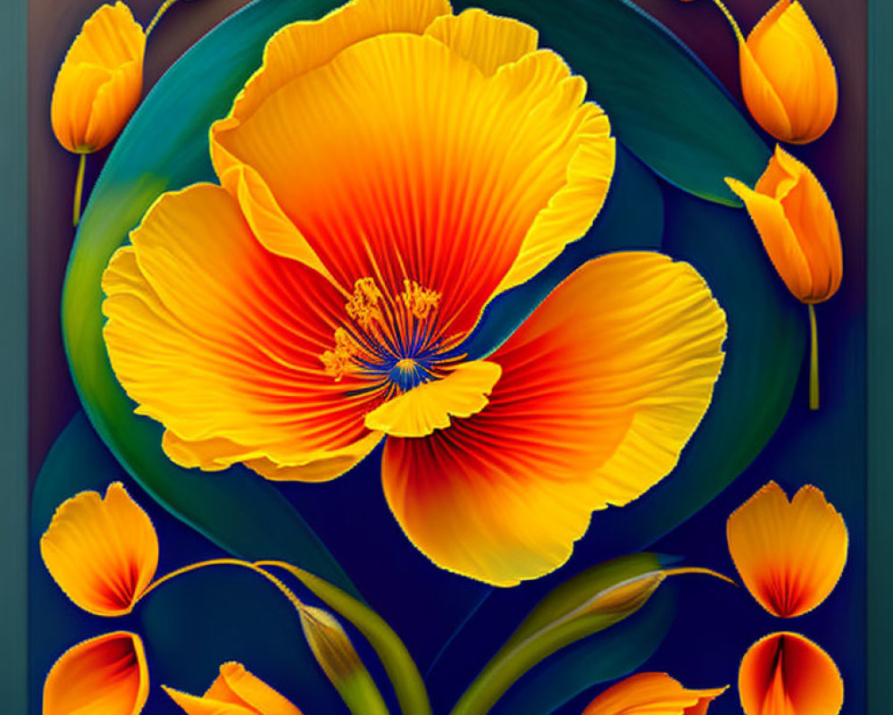 Colorful digital painting of blooming orange poppy and buds on teal background