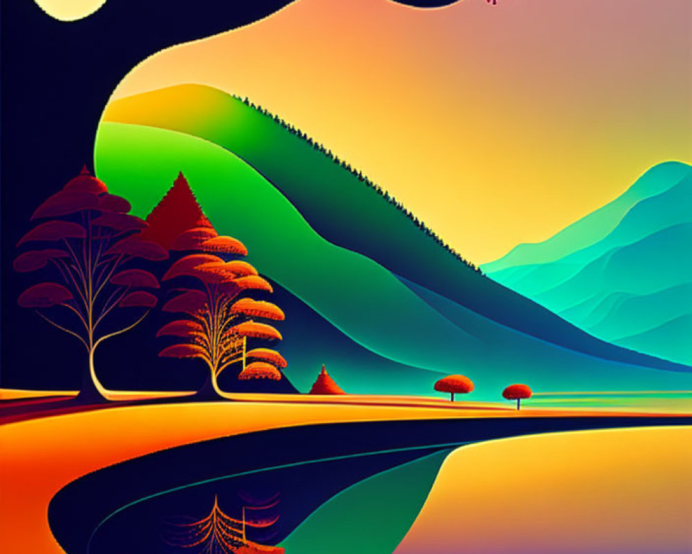 Colorful landscape with curving hills, trees, serene lake, dramatic sky.