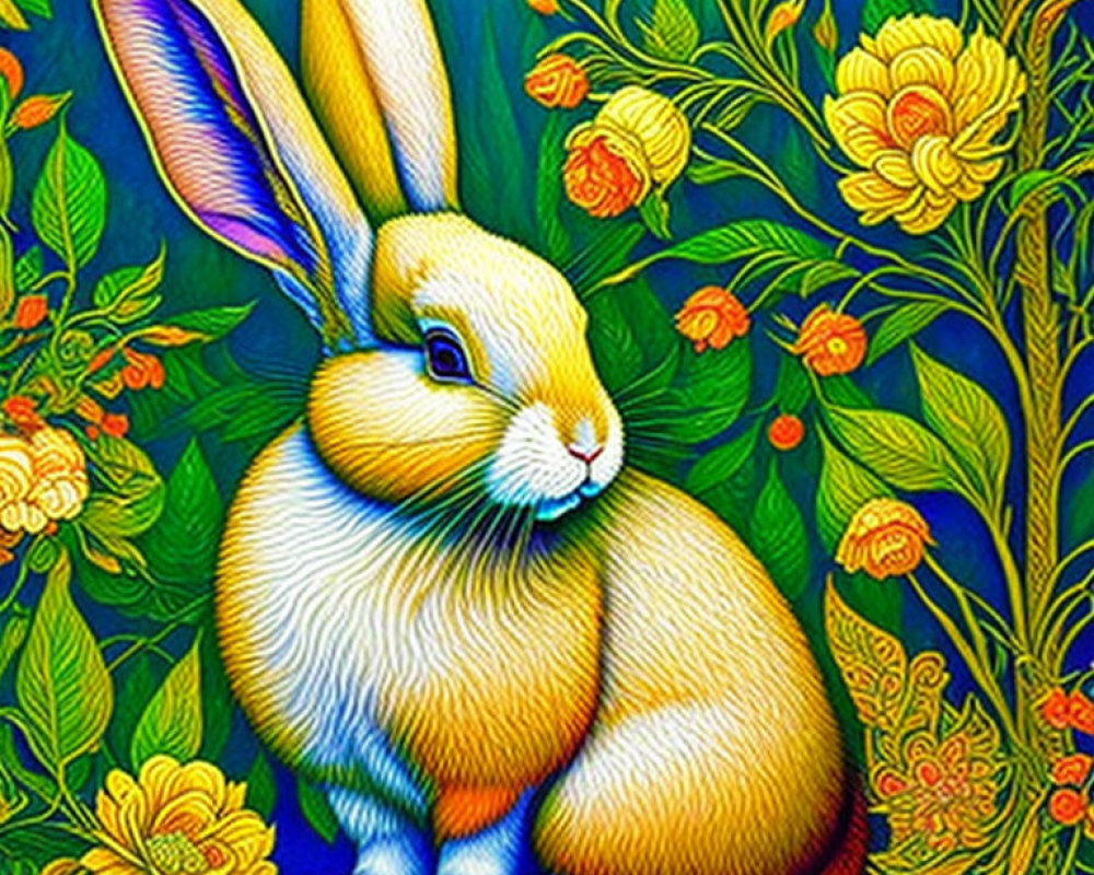 Colorful Yellow Rabbit Illustration Surrounded by Flowers