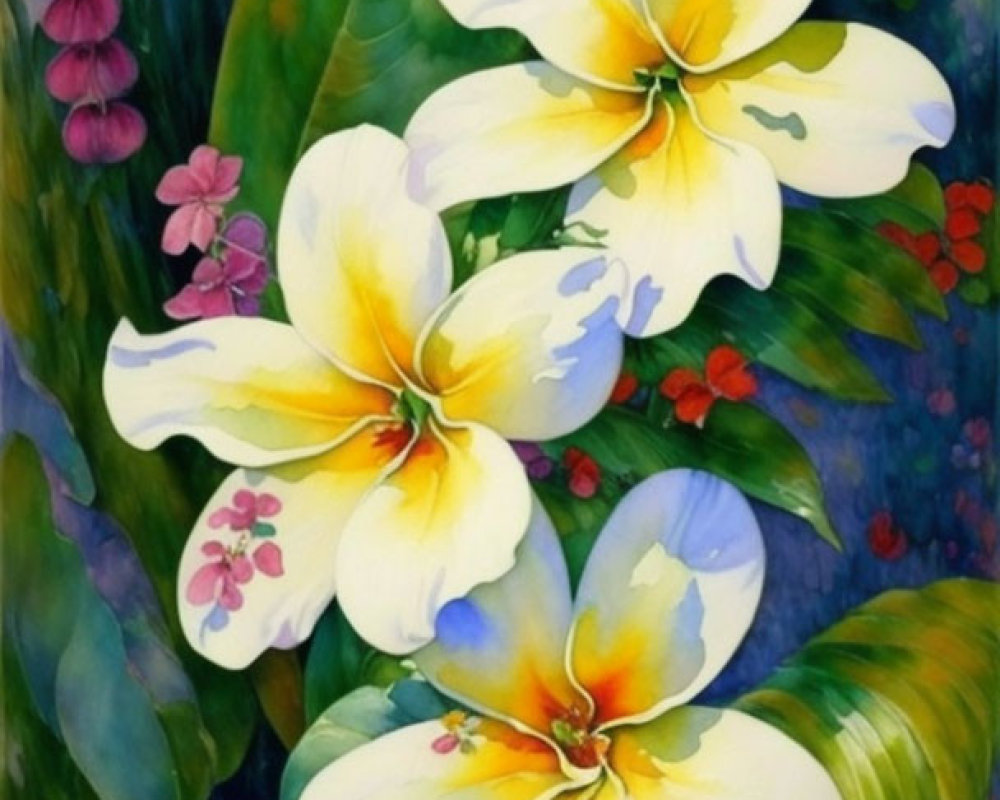 Colorful Watercolor Painting of Plumeria Flowers and Foliage