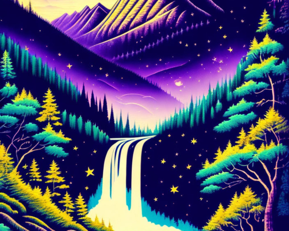 Neon-colored mountain landscape with waterfall & starry sky