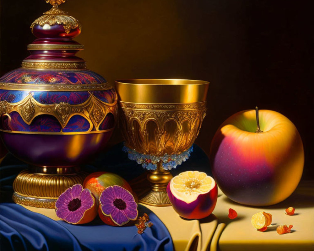 Richly Decorated Still Life Painting with Urn, Goblet, Apple, Fruits,