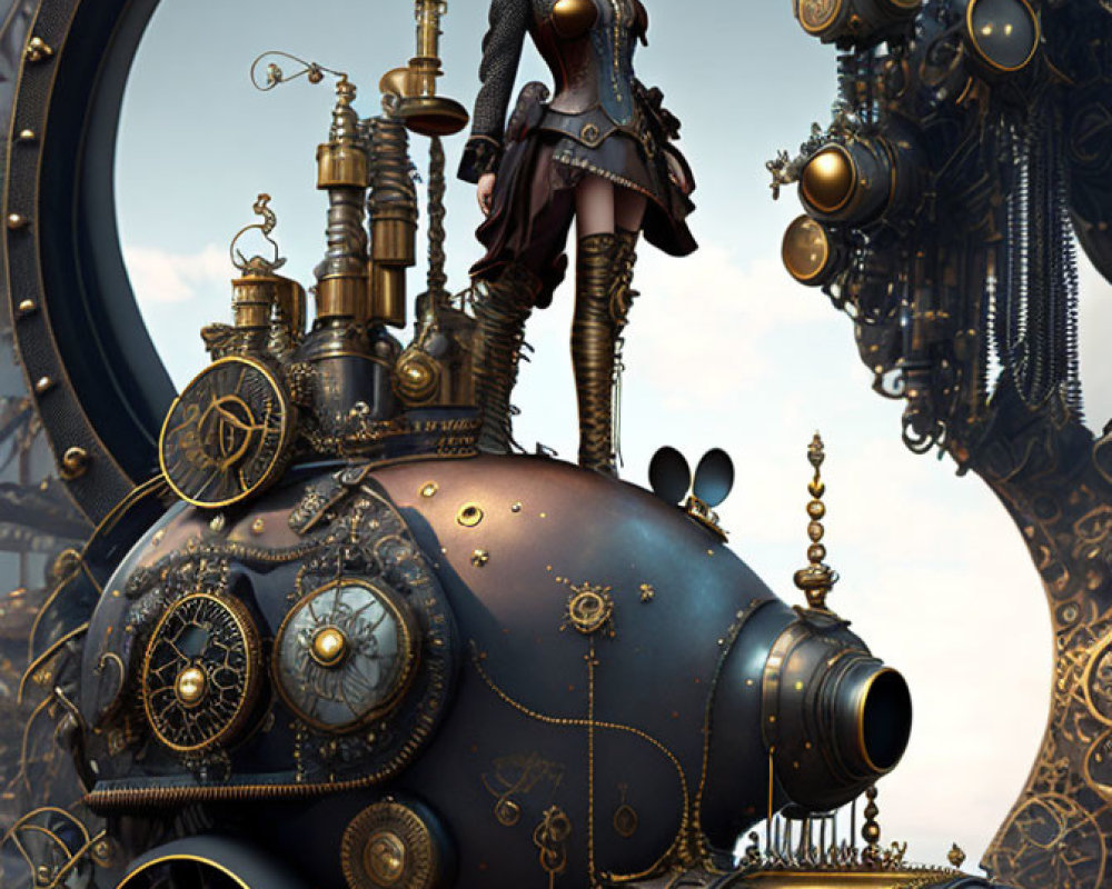 Victorian woman on steampunk contraption among mechanical structures