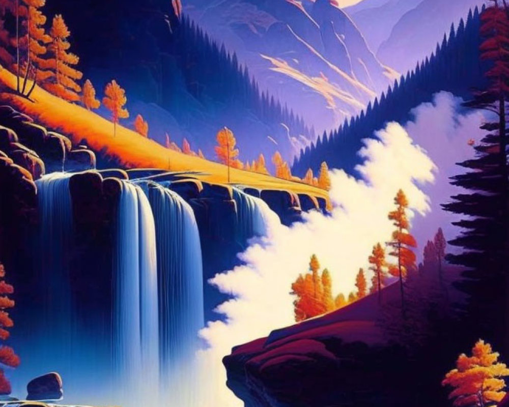 Colorful landscape with waterfall, lake, autumn trees, mountains, and dusk sky