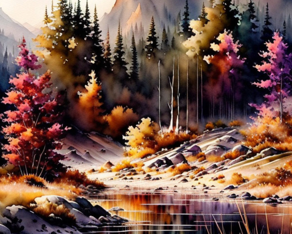 Serene landscape watercolor with autumn trees, river, and mountain