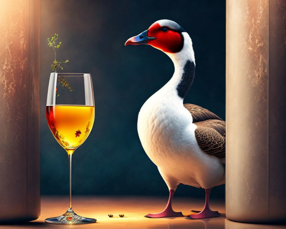 Swan next to wine glass with tiny climbers, draped curtains.