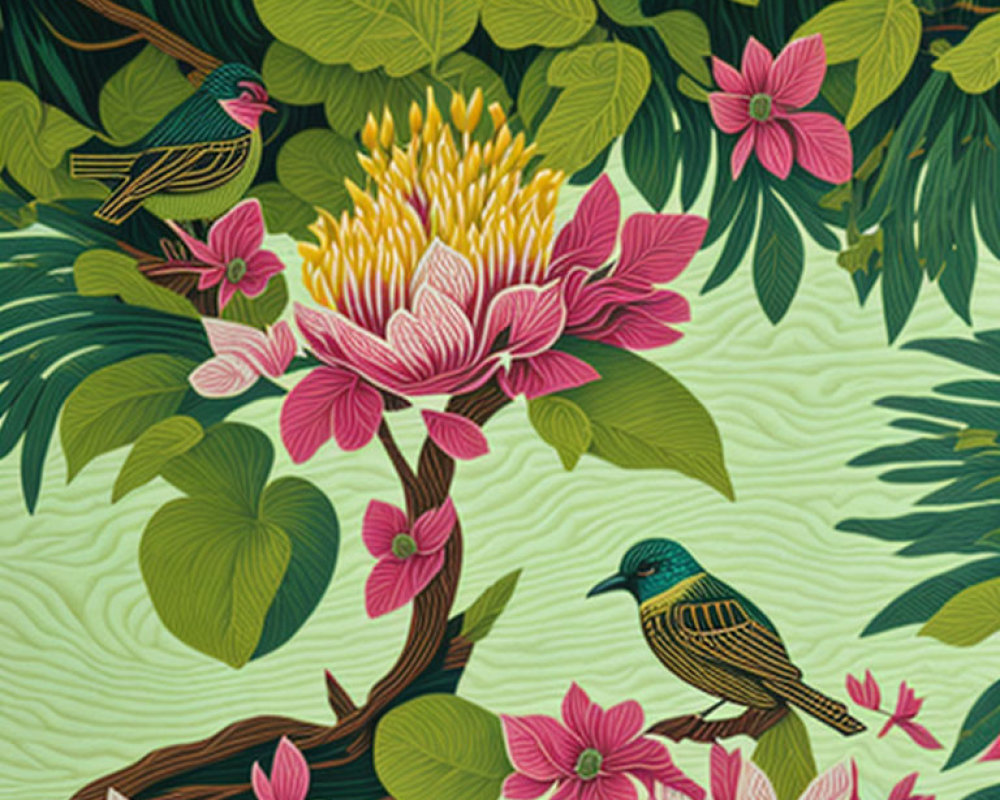 Vibrant botanical illustration with birds in lush foliage