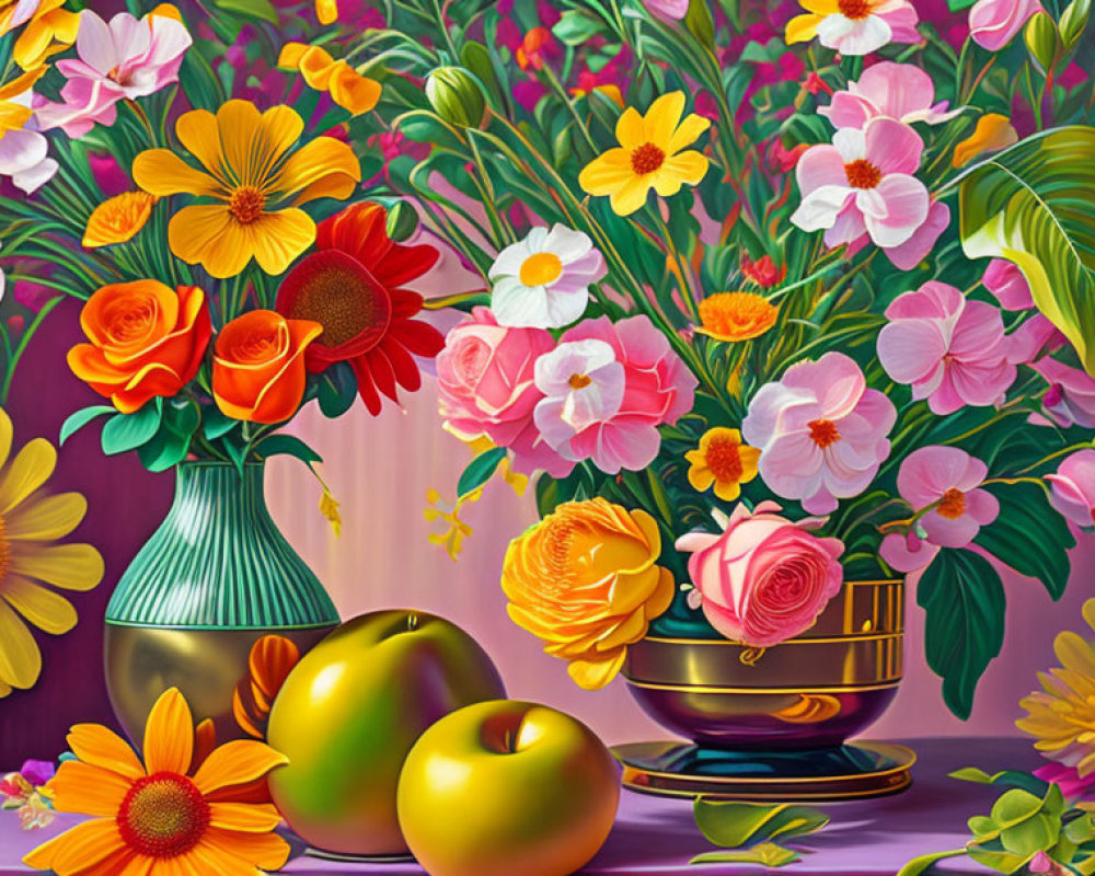 Colorful Flower Bouquet and Fruits in Vase on Table with Pink Background