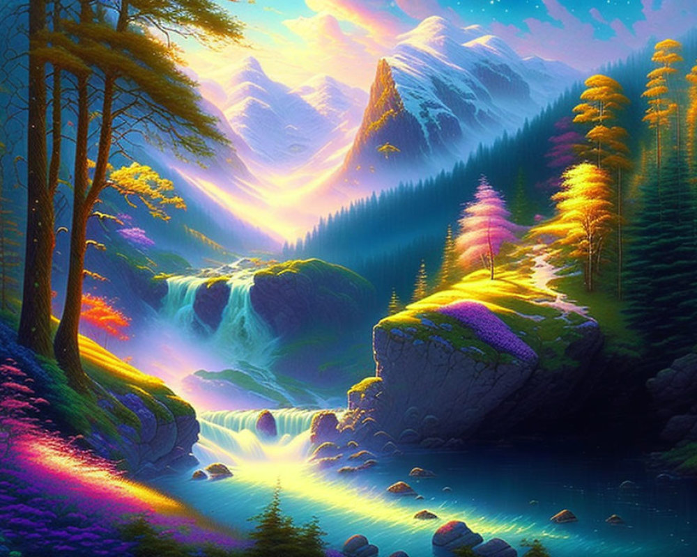 Colorful Fantasy Landscape with Waterfall, River, and Mountains