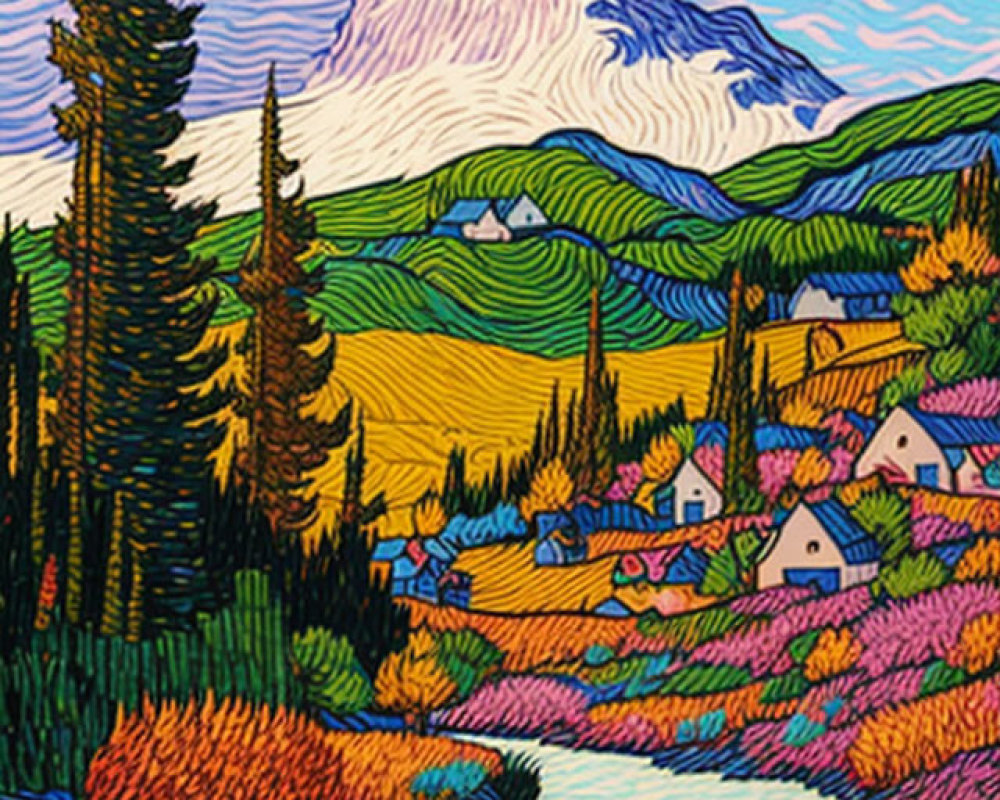 Colorful mountain landscape with river, trees, and houses in vibrant, stylized artwork.