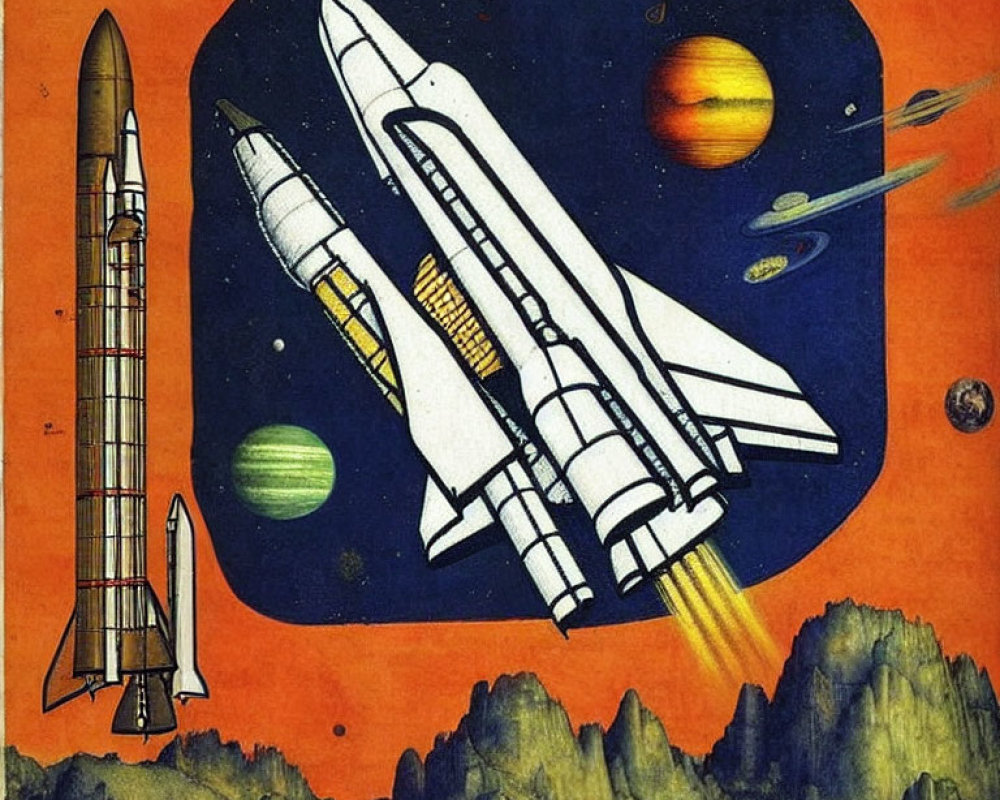 Vintage-style space illustration with rockets, planets, satellites, and rocky terrain