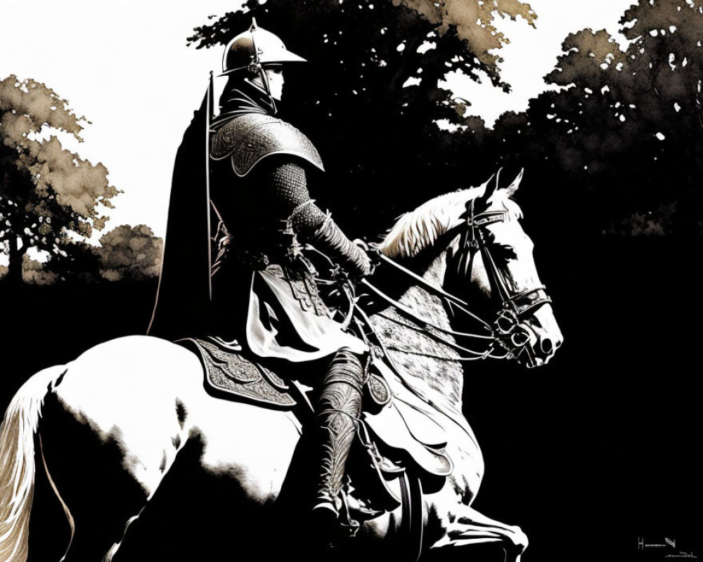 Monochromatic knight on white horse in dark woodland