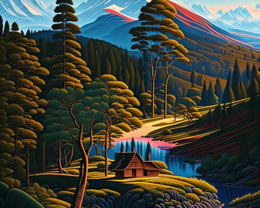 Colorful landscape with cabin, river, pine trees, and mountains at sunset