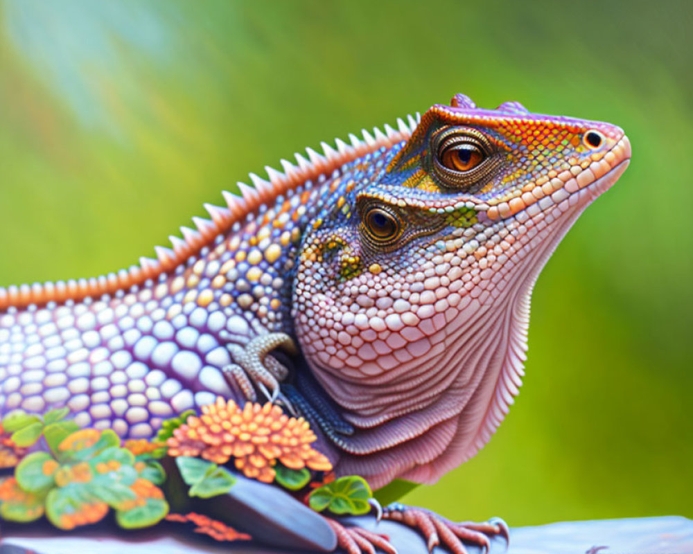 Detailed Illustration of Colorful Iguana with Vibrant Orange, Purple, and Green Scales