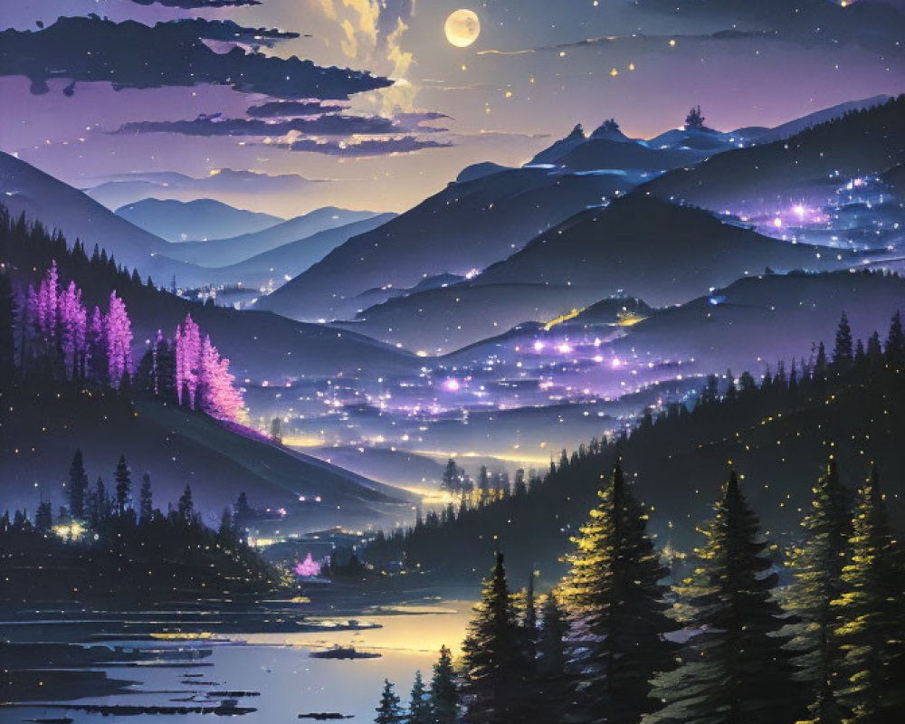 Starry Night Landscape with Full Moon, Mountains, Lake, and Forests