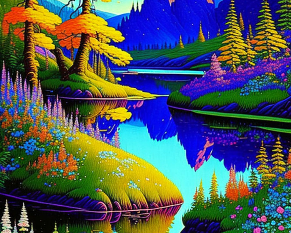 Colorful Landscape: Blue River, Autumn Trees, Purple Flowers, Mountain Peaks