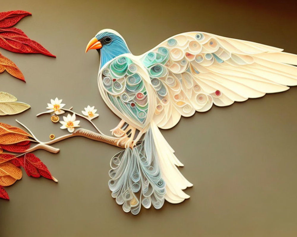 Vibrant paper quilling art of bird on branch with autumn leaves